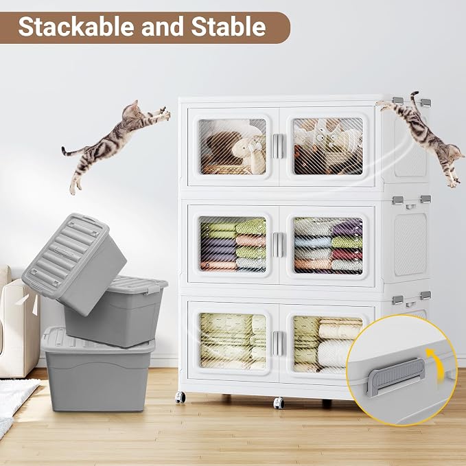 BROVIEW 660 Qt/165 Gal Stackable Storage Bins with Lids, 3 Pack, White | Large Stackable Storage Boxes w/ 3 Lid Folding Plastic Cart Organizer for Home Kitchen, Open Front Clear Door with Wheels - Image 7