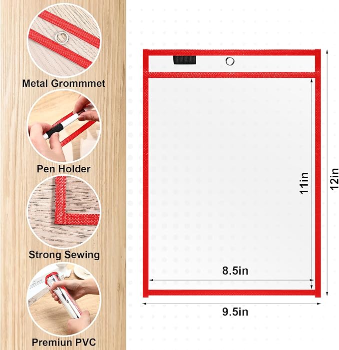 Nezyo Dry Erase Pockets Plastic Job Ticket Holders Shop Holder Order Pockets Clear Sleeves Tickets Folders Plastic Sleeves Paper Teacher Supplies for Classroom(12 x 9.5 in,Red,50 Pcs) - Image 2