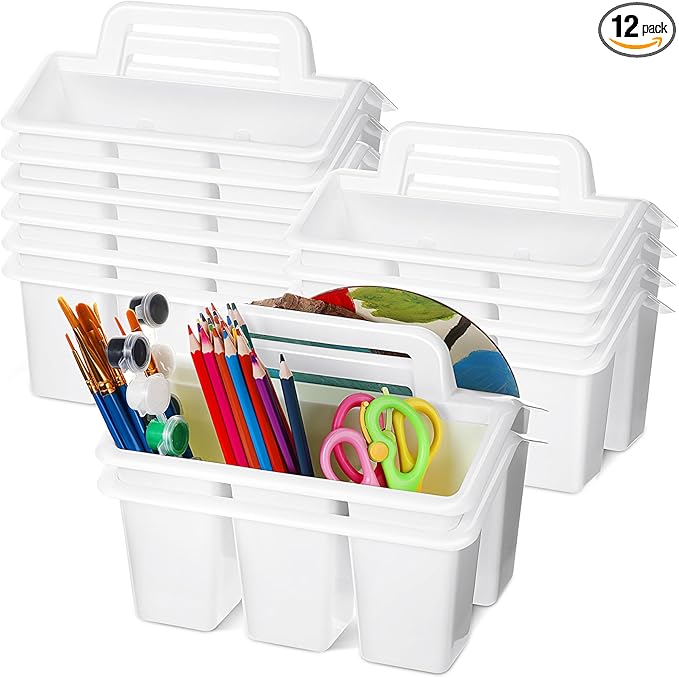 WILLBOND 12 Pcs Classroom Storage Caddies Stackable Utility Caddies with 4 Compartment Plastic Caddy with Handle Portable Storage Bins Organizers for Kids Schools Art Craft Supplies(White) by Willbond+Technology+Limited