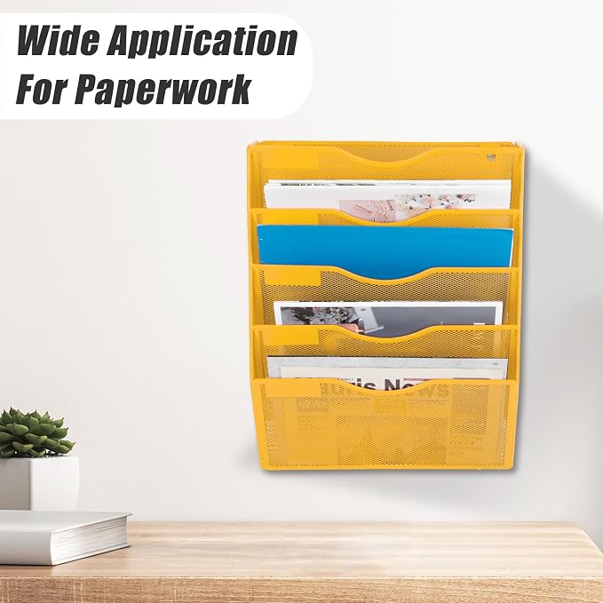5 Pocket Mesh Hanging Wall File Organizer, Wall Mounted Mail Paper Document Folder Holder, Clipboard Storage Organization Magazine Rack with Nametag Label for Office Home School, Yellow - Image 5
