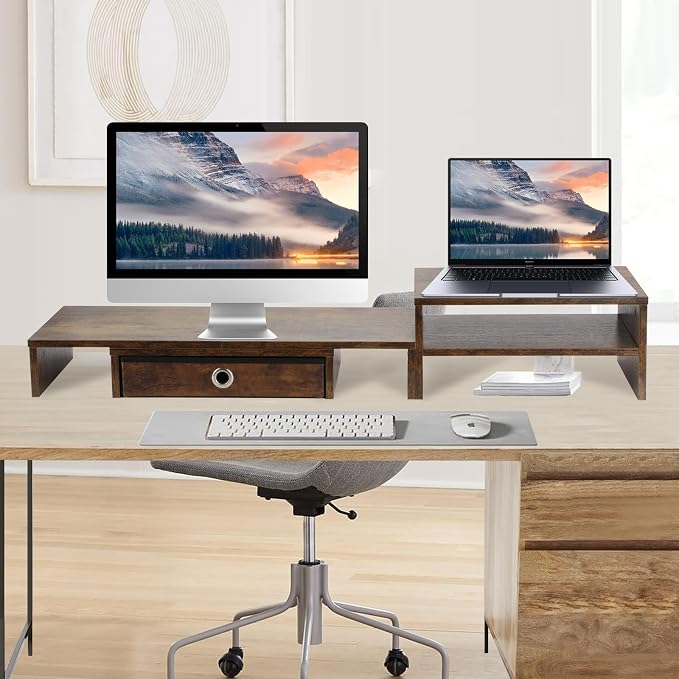 Monitor Riser for 3 Monitors, Angle Adjustable Monitor Stand with Drawer | Dual Monitor Stand for Desk, Dual Monitor Stand with Storage, Wooden Extra Long Triple Monitor Riser up to 52", Rustic Brown - Image 4