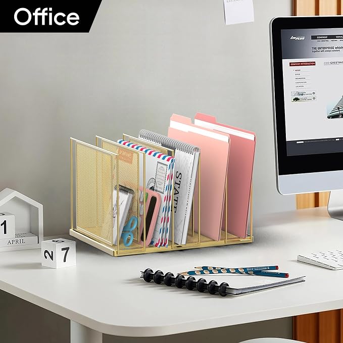 File Organizer for Desk, 5-Section Vertical File Sorter, Paper Holder Organizer Standing Metal File Folder for Office Home Classroom, Gold - Image 7