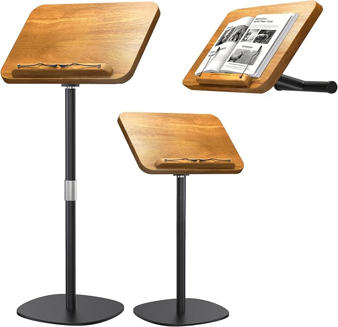 2-in-1 Floor Music Stand & Desktop Book Stand, 16.5"–51" Height Adjustable | 100% Solid Wood, Floor Reading Stand with Page Clip for Sheet Music, Cookbooks, Projector (Rubberwood, 11.8" x 16.5" Panel) by NAMON