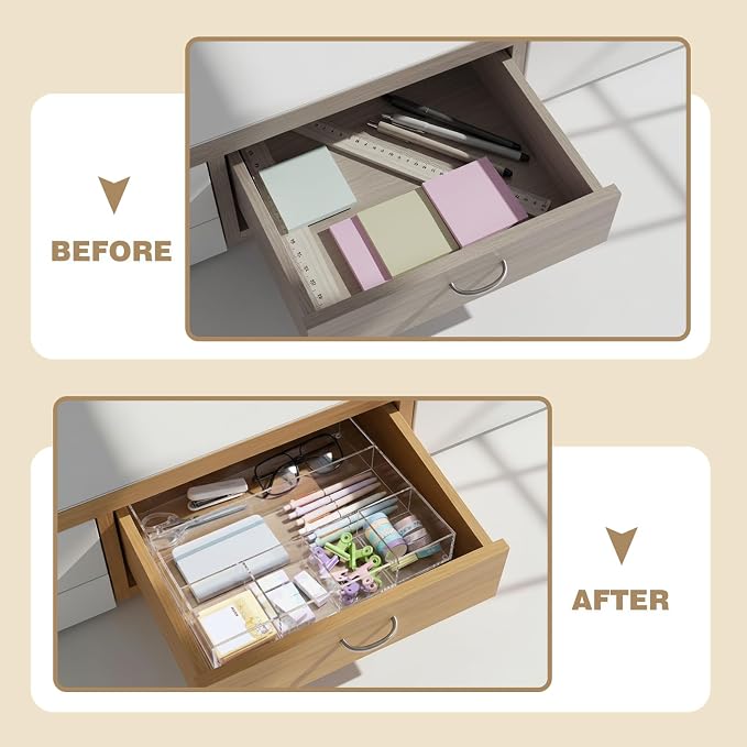Large Acrylic Desk Deep Drawer Organizer with Adjustable Dividers, Anti-skip Clear Desk Top Junk Drawer Storage Tray for Pens, Desktop, Office, Bathroom, Kitchen, Makeup Supplies(6 Compartments) - Image 4