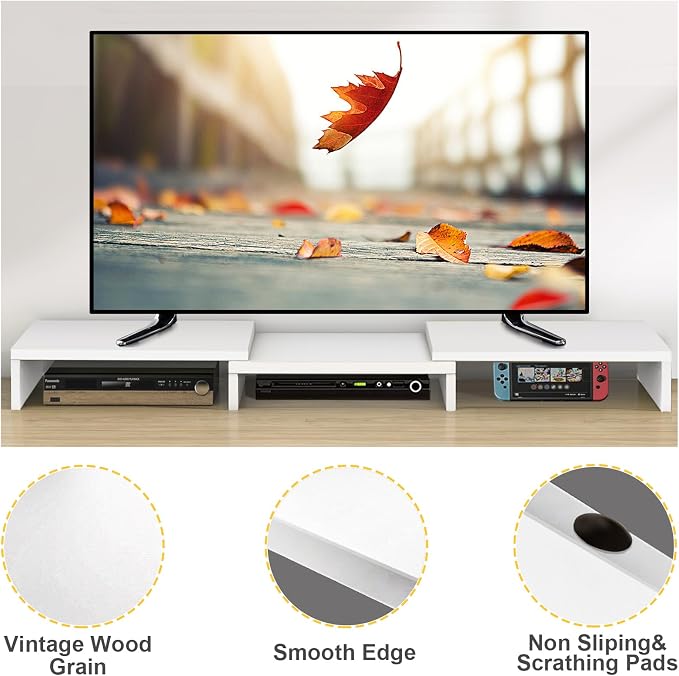 TAVR Dual Monitor Stand Riser, Wooden Computer Monitor Stand for 2 Monitors | Extra Long Multifunctional Desktop Organizer Riser for TV, PC Monitor, Laptop, Printer, Max 43.3" Length, White - Image 6