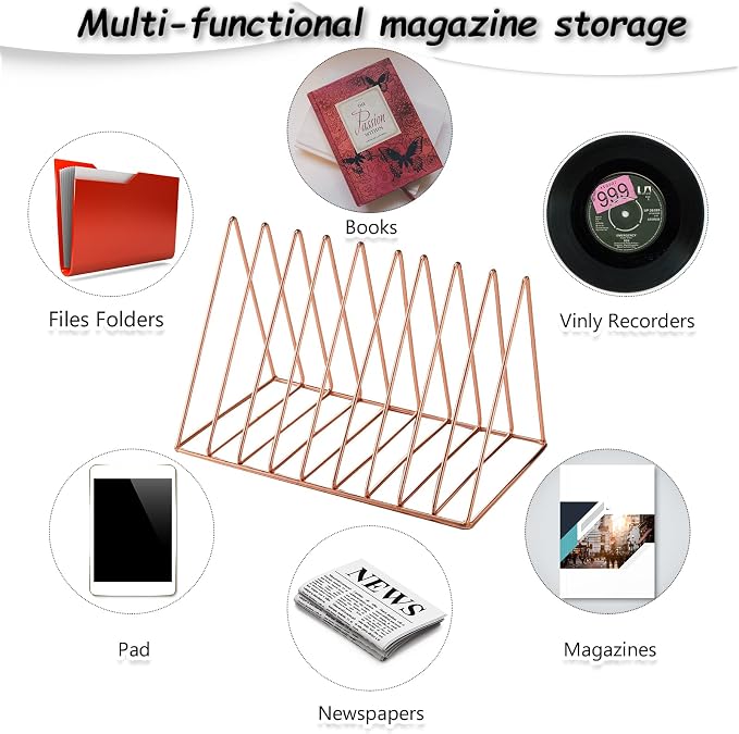 6 Pieces Magazine Holder Triangle File Holder Book Record Metal Vinyl Record Storage Magazine Rack Multifunction Triangle File Organizer Sorter for Decor Home Office (Rose Gold) - Image 5
