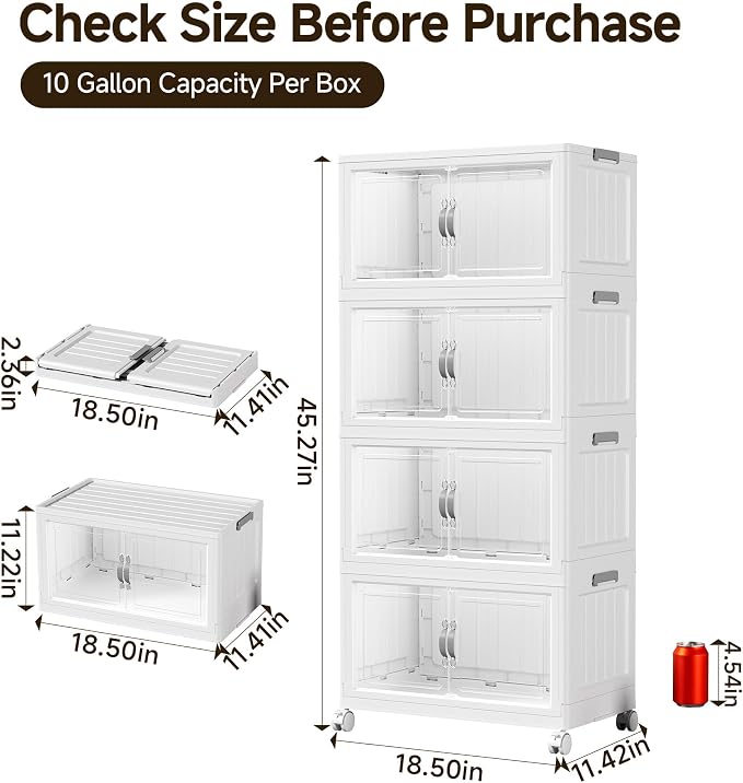 Hanyi 140 QT Stackable Storage Bins with Lids, 4 Tier Collapsible Plastic Storage Cabinet with Magnetic Doors, Removable Top Lid, Locking Wheels, Closet Organizer for Bedroom, Pantry, Office - Image 2