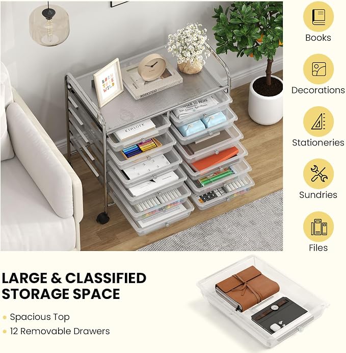 Giantex 12 Drawers Rolling Cart, Mobile Storage Drawer Cart, Classroom Organizer Cart for Office School Supplies Tools Scrapbook Paper Craft Small Printer, Utility Cart on Wheels, Clear - Image 7