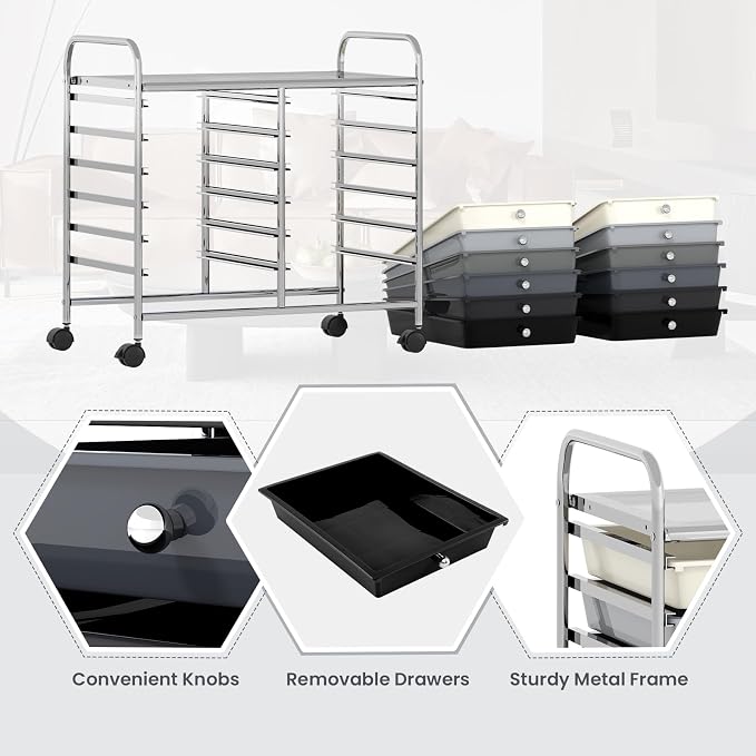 GOFLAME 12-Drawer Rolling Storage Cart, Multifunctional Art Craft Organizer Cart, Mobile Utility Storage Cart with Removable Drawers & Lockable Wheels, Craft Cart for Home Office School, Grey Gradient - Image 6