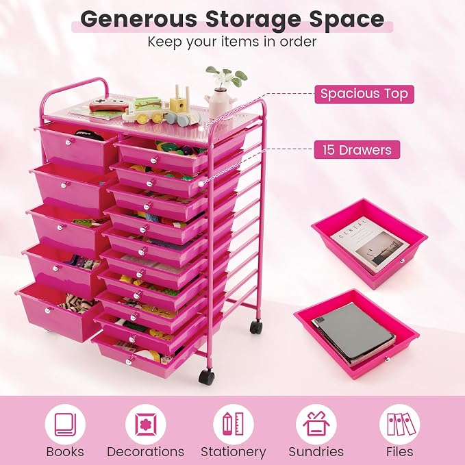 DORTALA 15-Drawer Rolling Storage Cart with Drawers, Rolling Utility Cart w/Removable Drawers & Universal Wheels, Tools Scrapbook Paper Organizer for School, Office, Home, Classroom (Hot Pink) - Image 6