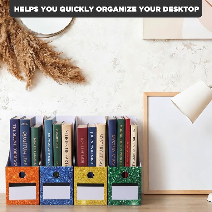32 Pcs Magazine File Holder Set Including Colored Foldable Desk File Holder Organizer White Label Stickers Cat Pen Cardboard Magazine Storage Box for Document School Office (Solid,Glitter) - Image 5