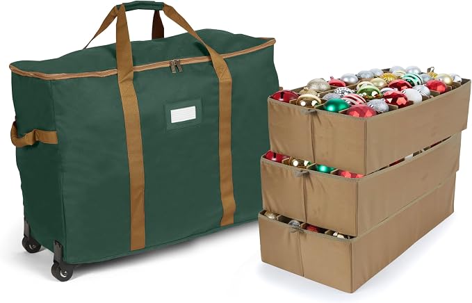 Covermates Keepsakes Rolling Adjustable Ornament Storage Bag – Heavy-Duty Polyester, FlexGrid Trays & Padded Dividers – Protective Holiday Organizer with Wheels, Handles & ID Window, Green by Covermates