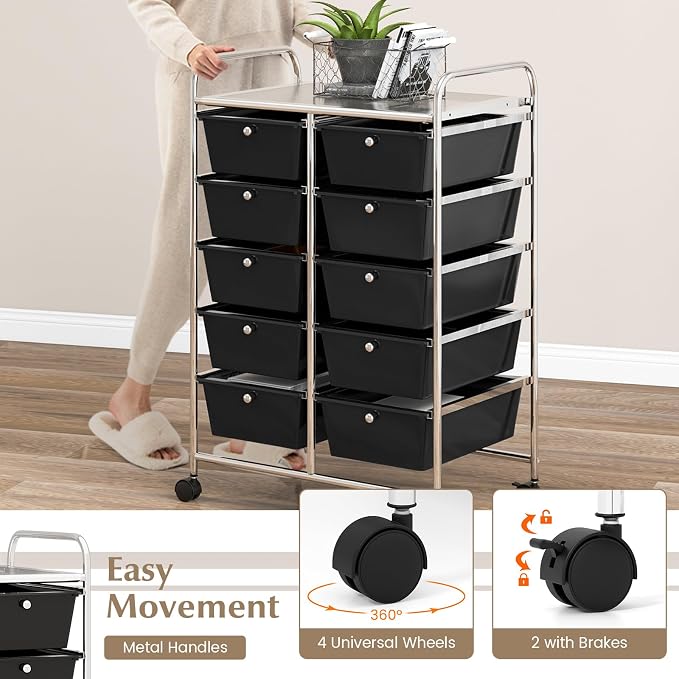 COSTWAY 10 Drawer Rolling Storage Cart, Utility Cart with Lockable Wheels | Mobile Art Supply Craft Organizer with Metal Frame, Multipurpose Drawer Cart for Paper for Office, School, Black - Image 5