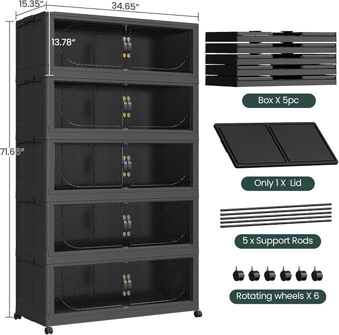 1200QT Extra Large Stackable Storage Bins with Lid, 300Gal Plastic Closet Organizers and Storage Drawer, Collapsible Cabinet Box with Wheels Clear Doors for Home Kitchen Garage, 5Pack Black - Image 2