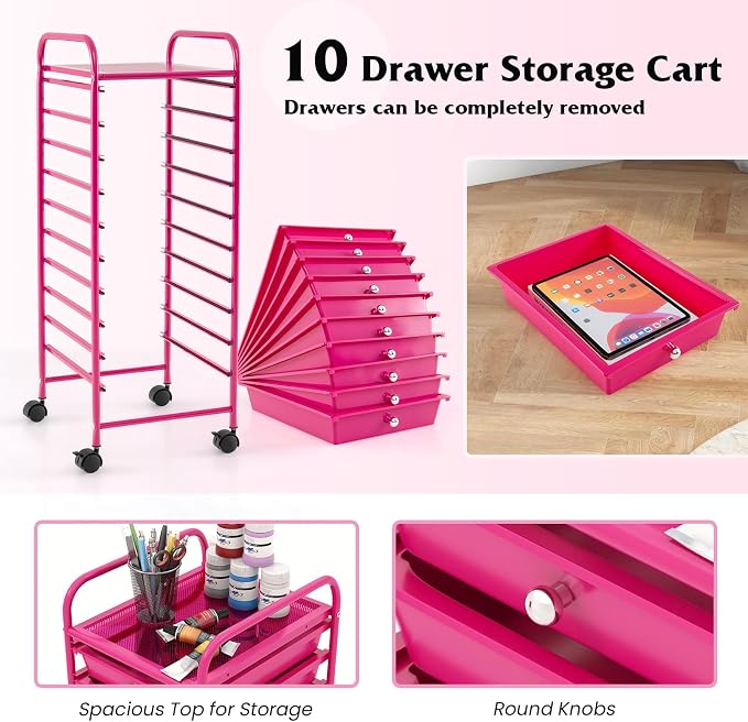 Giantex 10-Drawer Storage Cart w/Universal Wheel, Rolling Cart w/Handle, Home Organizer Storage Unit w/Removable Drawers, Trolley Utility Cart for Kitchen Makeup Living Room Office Play Room, Hot Pink - Image 5