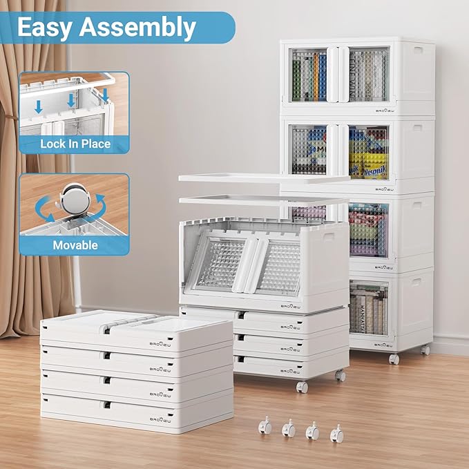 BROVIEW 300Qt Stackable Storage Bins with Lids, 75Gal Closet Organizers and Storage Drawer, Plastic Collapsible Storage Bins with Doors, Heavy Duty Store Box Cabinet for Home Kitchen, 3Pack White - Image 3
