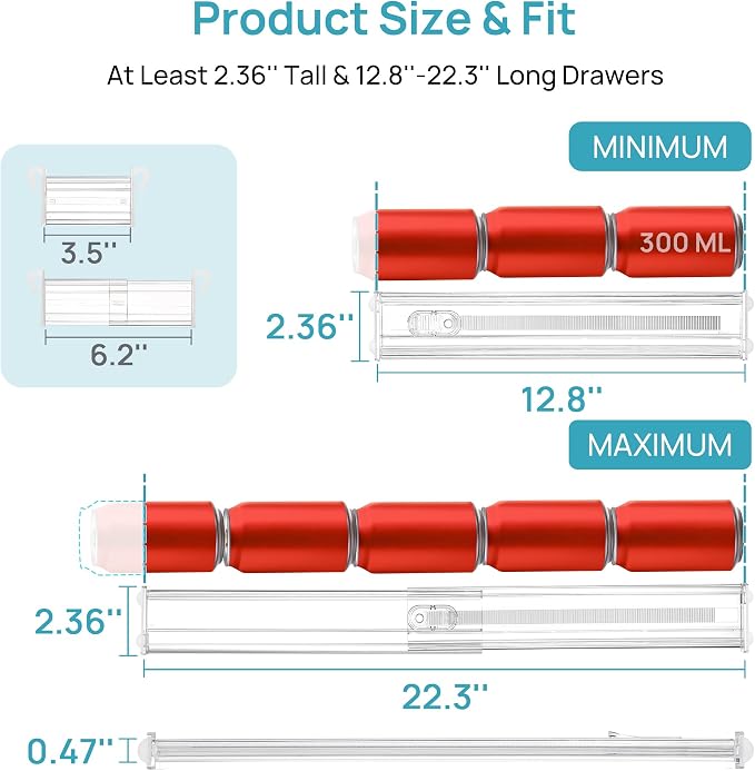 Vtopmart 2.36" Drawer Dividers with Expandable Inserts, 12.8"-22.3", 8 Pack | Adjustable Kitchen Drawer Organizer, Clear Organizer Separator for Flatware, Utensil, Cutlery, 8 Dividers with 14 Inserts - Image 2
