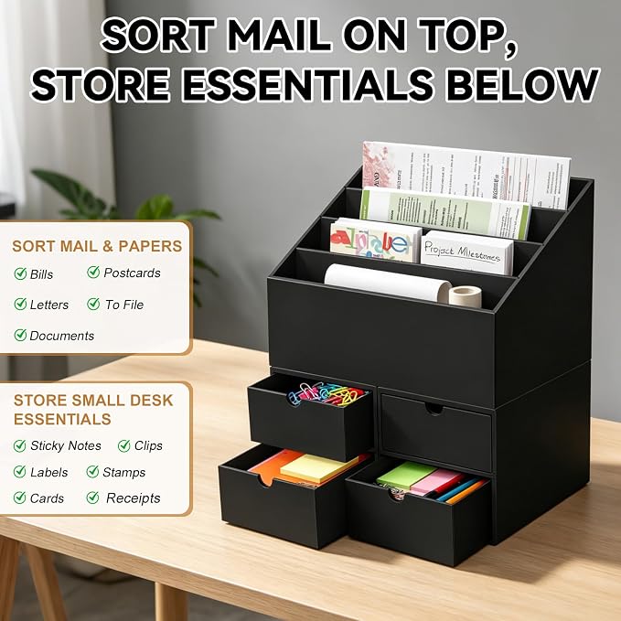 3 Sets Desktop Mail Organizer with Drawers, 4-Compartment Stepped Mail Sorter and 2-Drawer Storage Box for Bills, Letters, Envelopes, Papers, Home Office, Reception, Entryway and Mailroom - Image 3