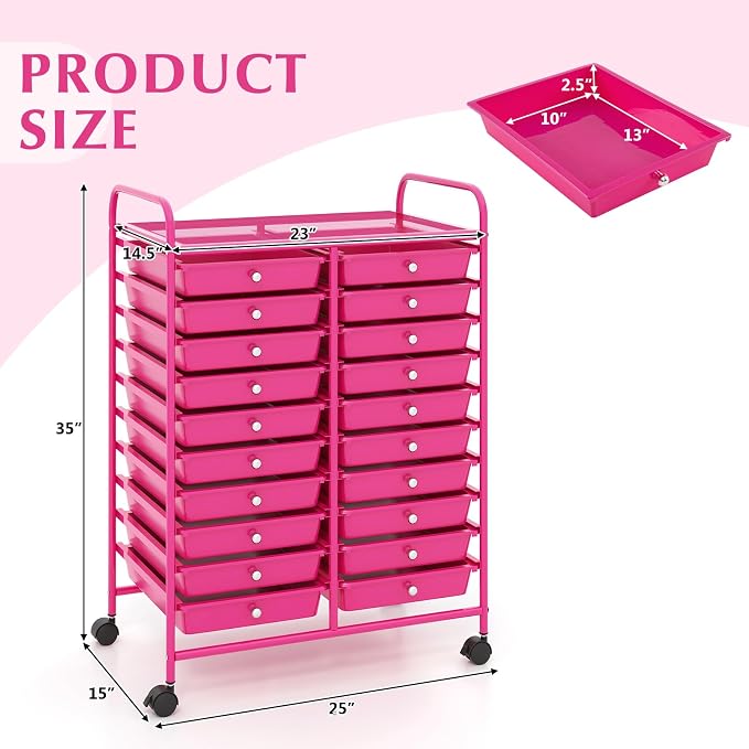 GOFLAME 20-Drawer Rolling Storage Cart, Multifunctional Art Craft Organizer Cart, Mobile Utility Storage Cart with Removable Drawers & Lockable Wheels, Craft Cart for Home Office, Hot Pink - Image 3