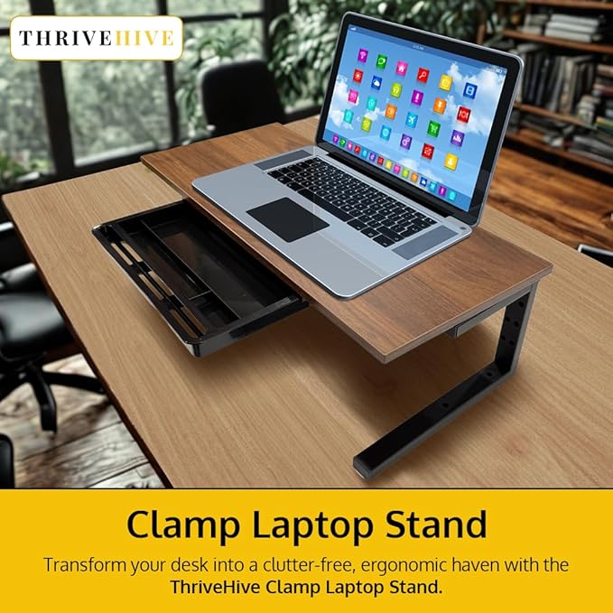 *Test* Ergonomic Clamp-On Laptop and Computer Monitor Riser Stand with Drawer, 21.6 x 9.8 inch - Dark Brown|Laptop Stand for Desk, Monitor Riser, Desk Organizer, Office Desk Home Workspace - Image 2