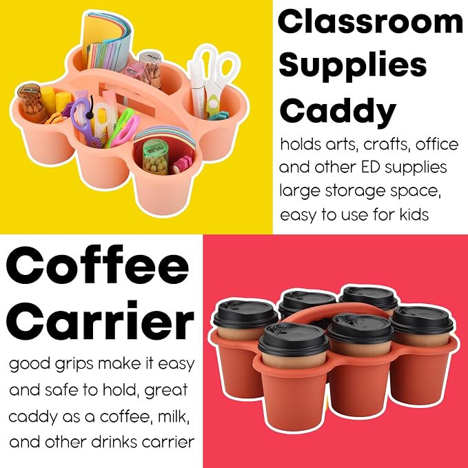 ALINK 6 Pack Classroom Caddy Storage Basket Organizer with Handle, Plastic Drink Cup Caddy Holder, 6 Compartments for Table, Office, Arts, Crafts, Crayon, Marker, Pencil, School Supplies - Macaroon - Image 5