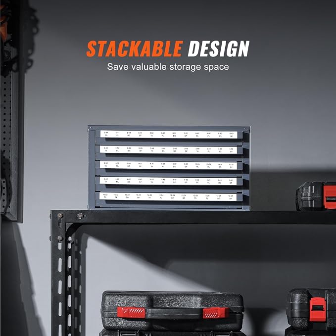 VEVOR Five-Drawer 2-56-#12-28 Steel Dispenser Organizer Labels, 60-Compartment Stackable Cabinet for Tap Storage, Gray with Orange Texture - Image 8