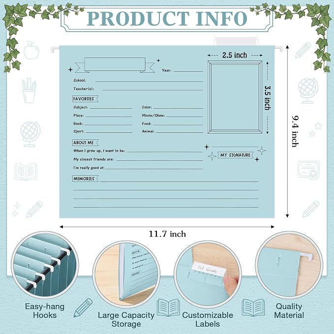 Glenmal 25 Pack School Years Memory File Folders Memory Pages Letter Hanging Files School Keepsake Organizer Questionnaire for Kids K-12 Student Info Record Personal Growth Tracking(Blue) - Image 3