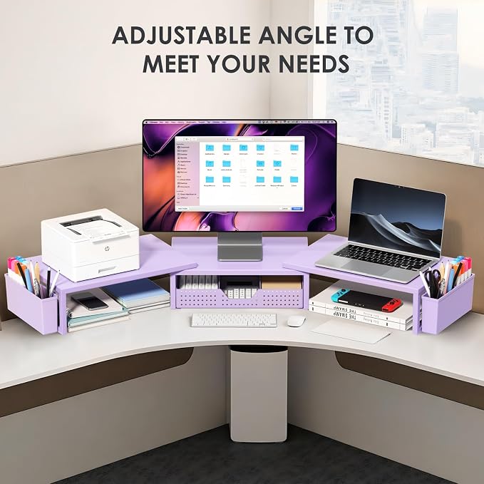 Desk Organizers and Accessories, Dual Monitor Stand Riser with Drawer and 2 Pen Holders, Desk Shelf Computer Racks for Office Workspace Organizers, Desktop Organization (Purple) - Image 6