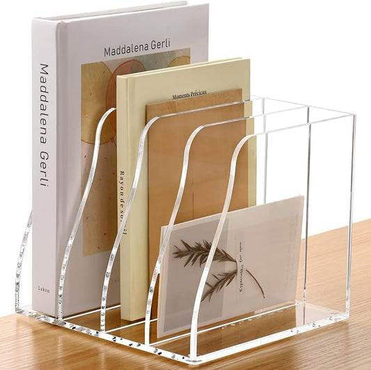 YUXUN Clear Acrylic Desk Organizer for Home Office - 4 Vertical Compartments No Assembly Magazine File Holder, Document Sorter Folder Rack Binder for Classroom Dorm Kitchen, Holds Books & Accessories by AcrylicBusinessCardHold