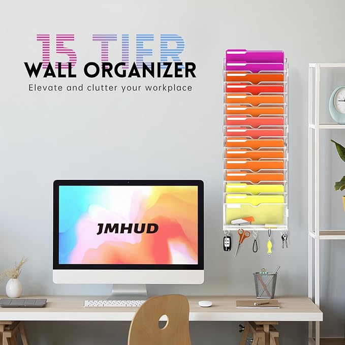 15-Tier Wall File Organizer with Base and Hooks, Hanging Organizer, White | Wall Organizer and Wall File Holder with 15 Vertical Pockets and Bottom Tray for Files, Mail, Folders, Magazines and Paper - Image 2