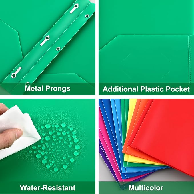 Cholemy 132 Packs Pocket Folders with Prongs Heavy Duty Plastic Folder with Business Card Slot 3 Prong Fasteners for School Office (Cute) - Image 3
