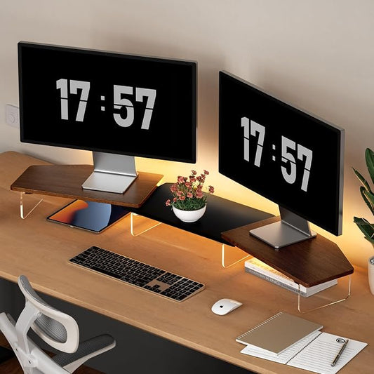 AFOOYO LED Dual Monitor Stand Riser for 2 Monitors,Office Desktop Wooden Stand Adjustable Length and Angle 3 Shelf,Extra Long Multifunctional Stand up to 44.4" for Computer,Laptop,TV,Walnut Finish by AFOOYO