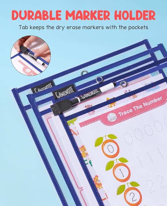 GAMENOTE 30 Pack Dry Erase Pockets, 10x14 Reusable Sleeves, Blue | 30 reusable PVC pockets hold 8.5 x 11 and 9 x 12 sheets; double sided wipe clean surfaces, pen loops, eyelets, and 5 rings - Image 6