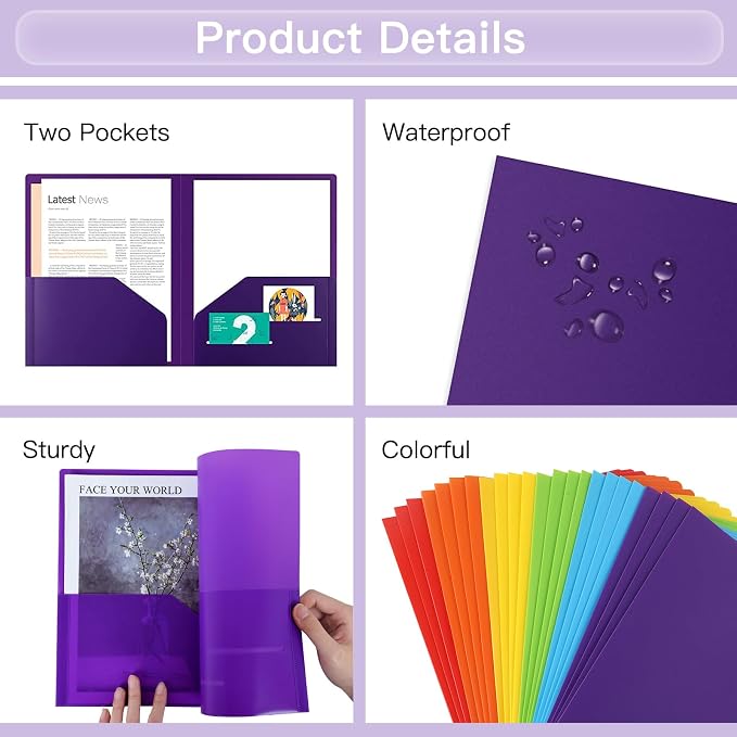 EOOUT 24pcs Folders with Pockets, Plastic Pocket Folders, 2 Pocket Folders with 2 Business Card Holder, 6 Colors, Letter Size, A4 Size, for Office, Teaching, Students and School - Image 3