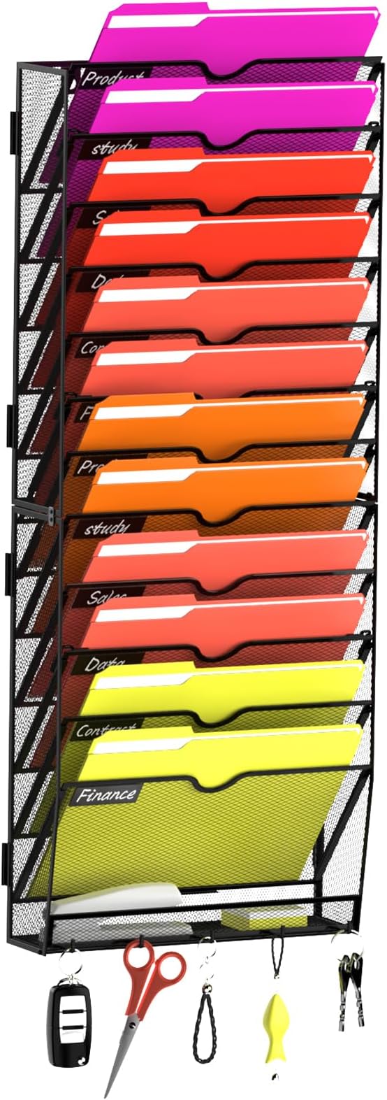 13-Tier Wall File Organizer with Base and Hooks, Hanging Organizer, Black | Wall Organizer and Wall File Holder with 13 Vertical Pockets and Bottom Tray for Files, Mail, Folders, Magazines and Paper by JMHUD