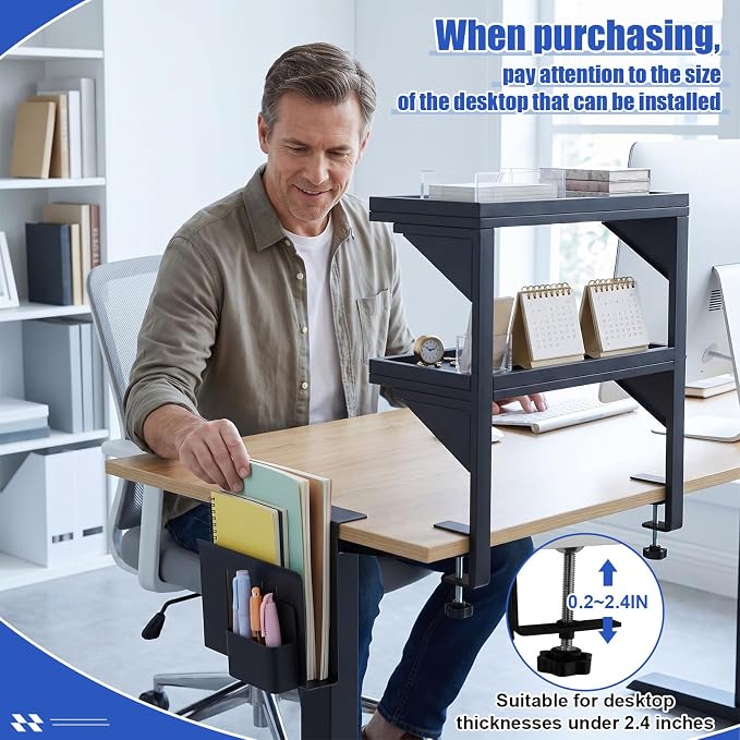 Chumia 2 Tier Clamp on Desk Clamp on Laptop Mount with Pen Holder Desktop Shelves Organizer Desktop Organizer Desk Organizers and Accessories Table Extender Attachment Shelves for Home Office - Image 3