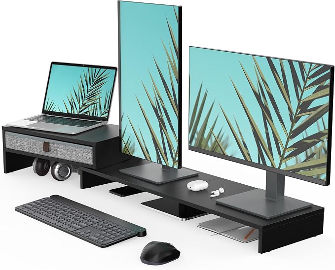 Fenge Triple Monitor Stand with Srorage Drawer, Adjustable Length and Angle | Computer Monitor Riser for 2 or 3 Monitors, Wooden Desktop Laptop Stand, Office Organizer for PC, Screen, Tablet, Black by Fenge