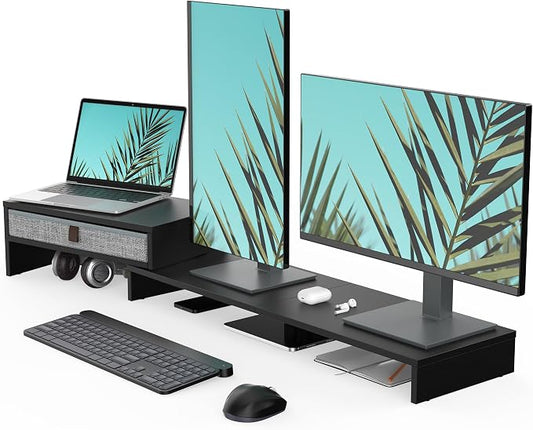 Fenge Triple Monitor Stand with Srorage Drawer, Adjustable Length and Angle | Computer Monitor Riser for 2 or 3 Monitors, Wooden Desktop Laptop Stand, Office Organizer for PC, Screen, Tablet, Black by Fenge