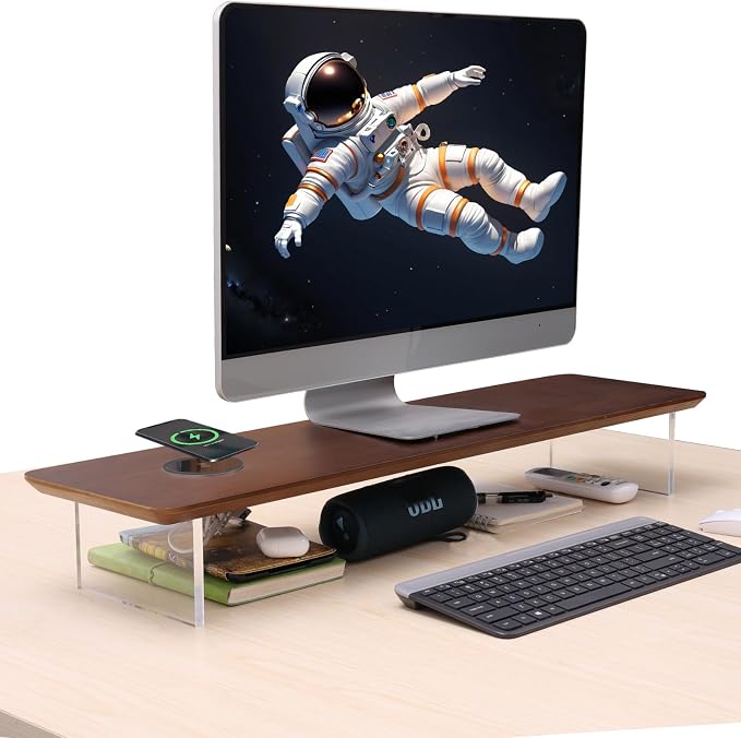 SUIBIAN Elegant Wood & Acrylic Monitor Stand with 15W Wireless Charging – 31.5" Large Desk Riser for Ergonomic View, Desktop Organizer, Laptop & PC | Modern Floating Design(Walnut Wood) by SUIBIAN