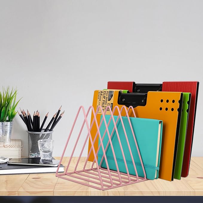 Vinyl Record Holder Storage, 9 Slot Metal Magazine Book Album Display Rack, Stylish Triangle Desktop File Sorter Organizer for Home Office, Pink - Image 7