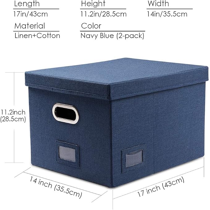 File Organizer Box - Set of 2 Collapsible Decorative Linen Filing Storage Hanging File Folders with Lids Office Cabinet Letter/Legal Size Navy Blue (17x14x11.2 inch) - Image 7