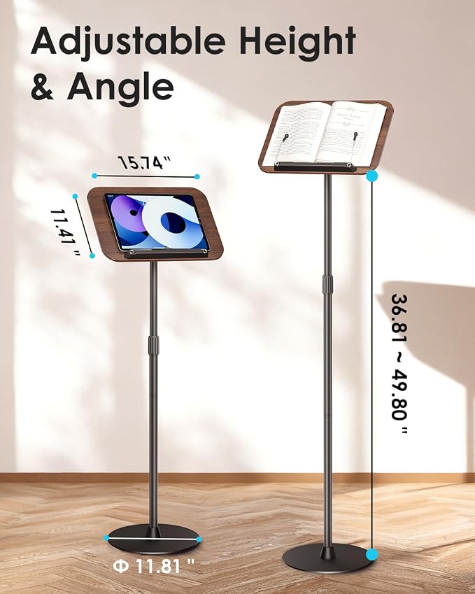 Viozon Floor Book Stand, Height Adjustable Reading Stand, Multi-Purpose Book Holder/Laptop Stand/Music Sheet Stand, 180° Tilt Desktop, Heavy-Duty Base, Two-Stage Page Clips for Thick Books - Image 3