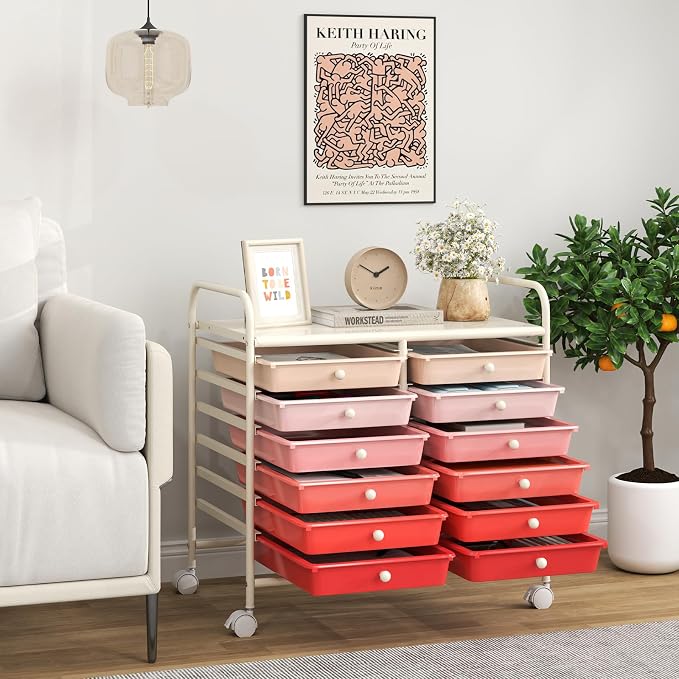 Giantex 12 Drawers Rolling Cart, Mobile Storage Drawer Cart, Classroom Organizer Cart for Office School Supplies Tools Scrapbook Paper Craft Small Printer, Utility Cart on Wheels, Pink Gradient - Image 2