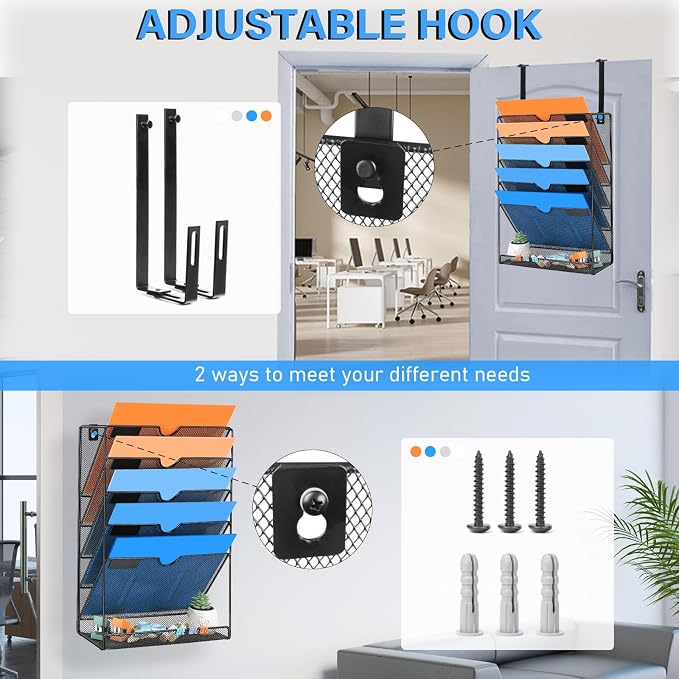 Wall File Organizer, 6 Pockets Mesh Hanging File Organizer | Wall Mount File Paper Folder Holder With Hooks, Wall Organizer Magazine Document Mail for Office School, Black - Image 3