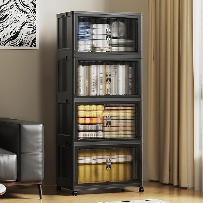 SAILUN 260Qt Stackable Storage Bins,Storage Cabinet with a Lid,4 Pack Black | Stackable Storage Drawers with Lids,22" W x 13" D x 50" H,Featuring open-front Access for Clothes and Closet Storage by SAILUN