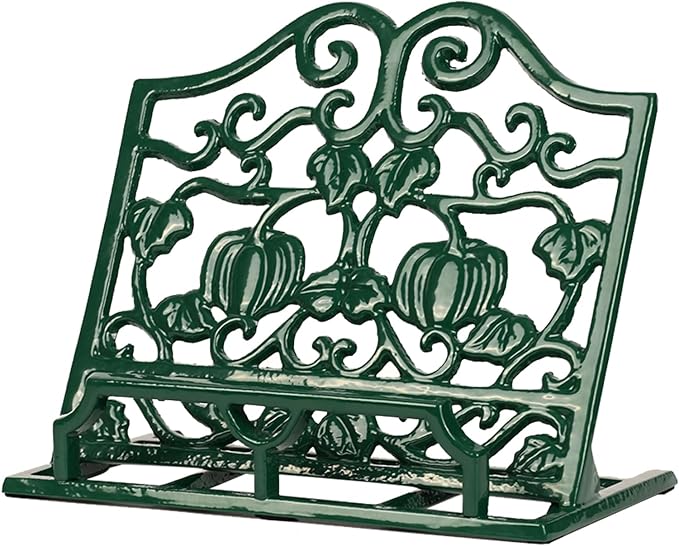 Vintage Cookbook Stand, Durable Wrought Cast Iron Recipe Book Holder for Kitchen Counter, Large Metal Cook Book Stand with Pumpkin Design, Green by Minluful