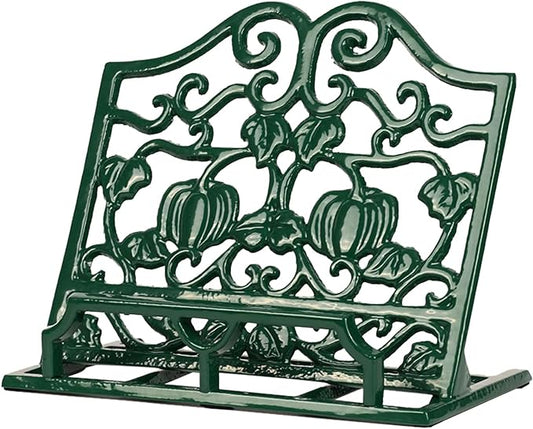 Vintage Cookbook Stand, Durable Wrought Cast Iron Recipe Book Holder for Kitchen Counter, Large Metal Cook Book Stand with Pumpkin Design, Green by Minluful