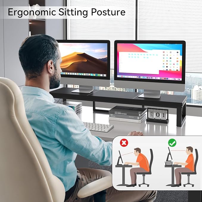 IBUYKE Large Dual Monitor Stand Riser for 2 Monitors, Wooden Desktop Computer Monitor Stand Storage Shelf and Steel Legs,Dual Screen Office Desk,Monitor Riser for Computer, Printer,Laptop,TV,Black UTDJ002B - Image 2