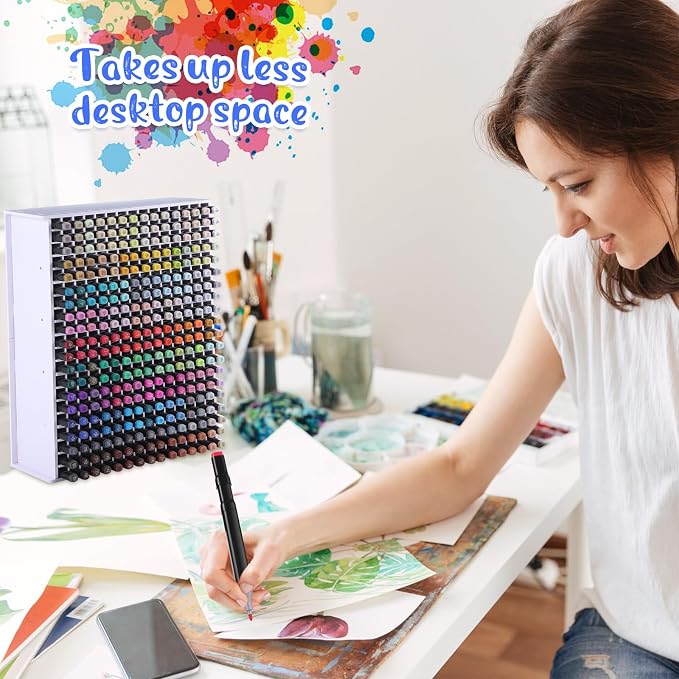 2 Pack Marker Storage Organizer, 600 Slots Total Art Supply Holder for Desk, Marker Rack with Removable Dividers for Colored Pencils & Paint Brushes (16.73 x 13.58 x 5.12 inch) - Image 4