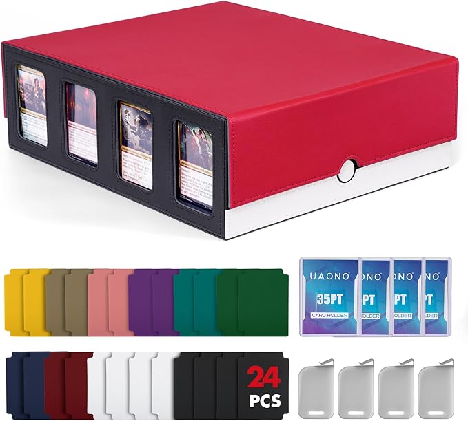 UAONO Trading Card Storage Box with Commander Display, Red White | 2400+ Deck Box for MTG with Removable Cover, Top Loaders Card Case Fits Magic TCG PTCG Sports Cards, 24 Dividers, 4 Stoppers by UAONO